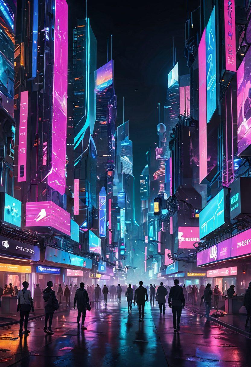 A futuristic landscape showcasing a vibrant digital cityscape filled with holograms, virtual reality headsets, and floating interfaces. Include diverse people interacting with technology in innovative ways, surrounded by neon lights and high-tech structures. Emphasize the sense of exploration and discovery in a virtual world. super-realistic. vibrant colors. cyberpunk.