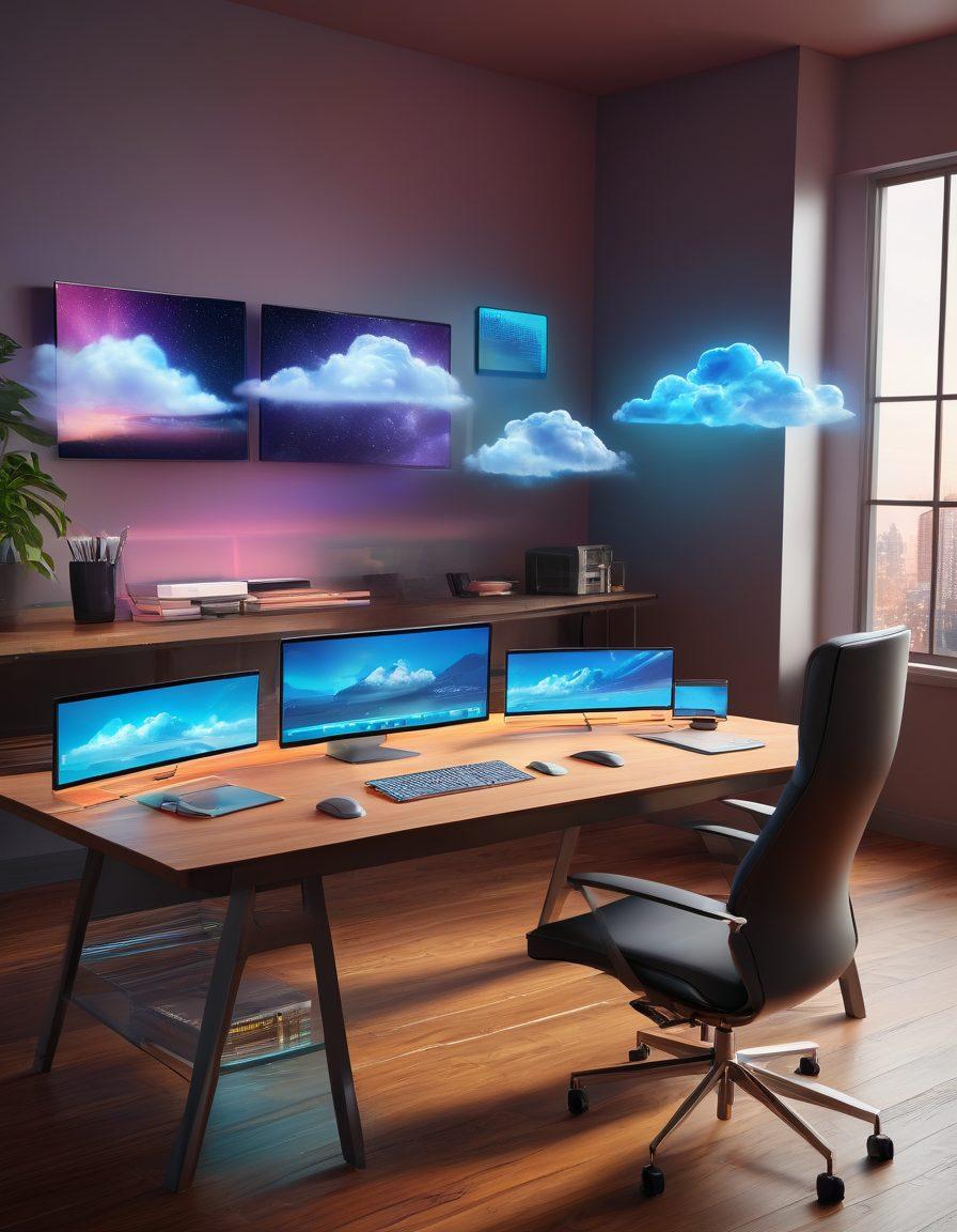 A futuristic virtual workstation setup featuring a sleek desk with dual holographic screens displaying cloud desktop interfaces, surrounded by a cozy home environment. Incorporate diverse professionals engaging with digital tools, showcasing collaboration through augmented reality elements. Use vibrant colors to highlight the technology and comfort of remote work, with a warm, inviting atmosphere. super-realistic. vibrant colors. 3D.