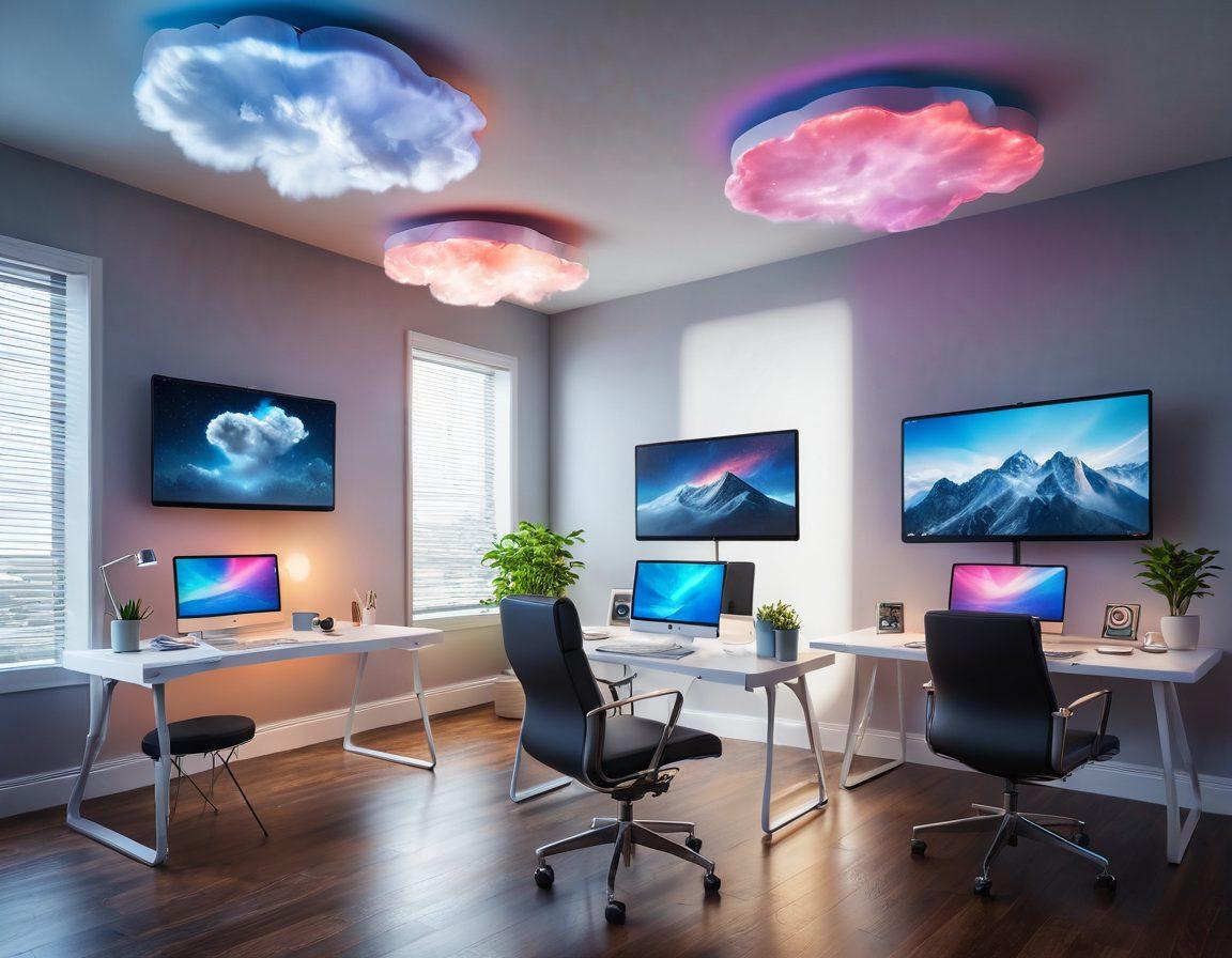 A futuristic workspace showcasing multiple cloud desktops floating in the air, with professionals of diverse backgrounds using them seamlessly from home environments. Incorporate elements of technology like holographic screens, digital data streams, and a serene home office setting. The ambiance should reflect productivity and innovation, with bright colors and smooth lines, emphasizing the remote work revolution. super-realistic. vibrant colors. 3D.